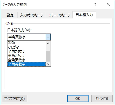 「データの入力規則」画面の「日本語入力」タブ